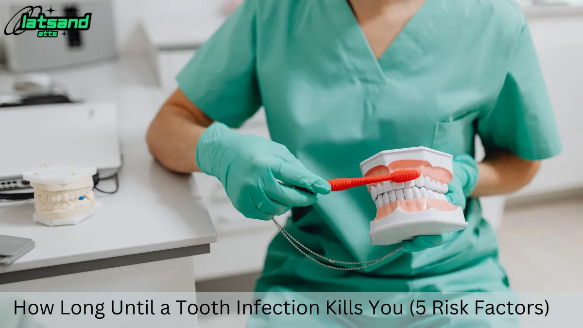 Dental professional demonstrating proper brushing technique on a dental model, emphasizing the importance of oral hygiene with the text 'How Long Until a Tooth Infection Kills You (5 Risk Factors)' to highlight the risks of untreated dental infections.