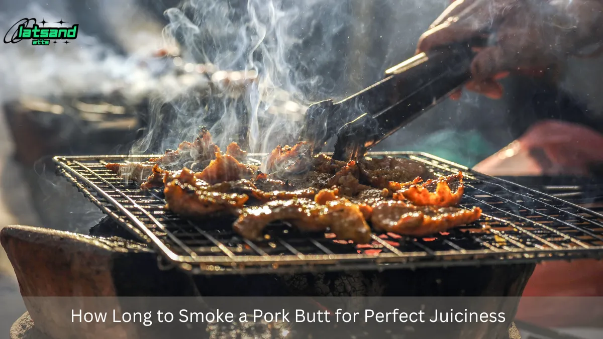 A close-up of pork butt pieces smoking on a grill with tongs turning the meat, surrounded by visible smoky steam. Text overlay reads 'How Long to Smoke a Pork Butt for Perfect Juiciness.