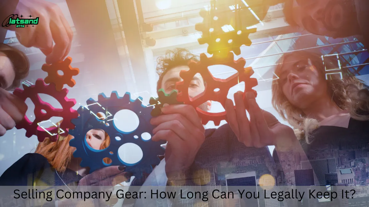 Team collaborating and holding colorful gear pieces, symbolizing teamwork and company resources, with the text overlay 'Selling Company Gear: How Long Can You Legally Keep It?' addressing the question how long can I have company gear before selling it.